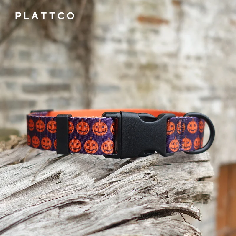 PLATTCO removable dog collar PURPLE PUMPKIN adjustable polyester pet necklace loop for small big dogs 5 size PDC337 - imagen 2