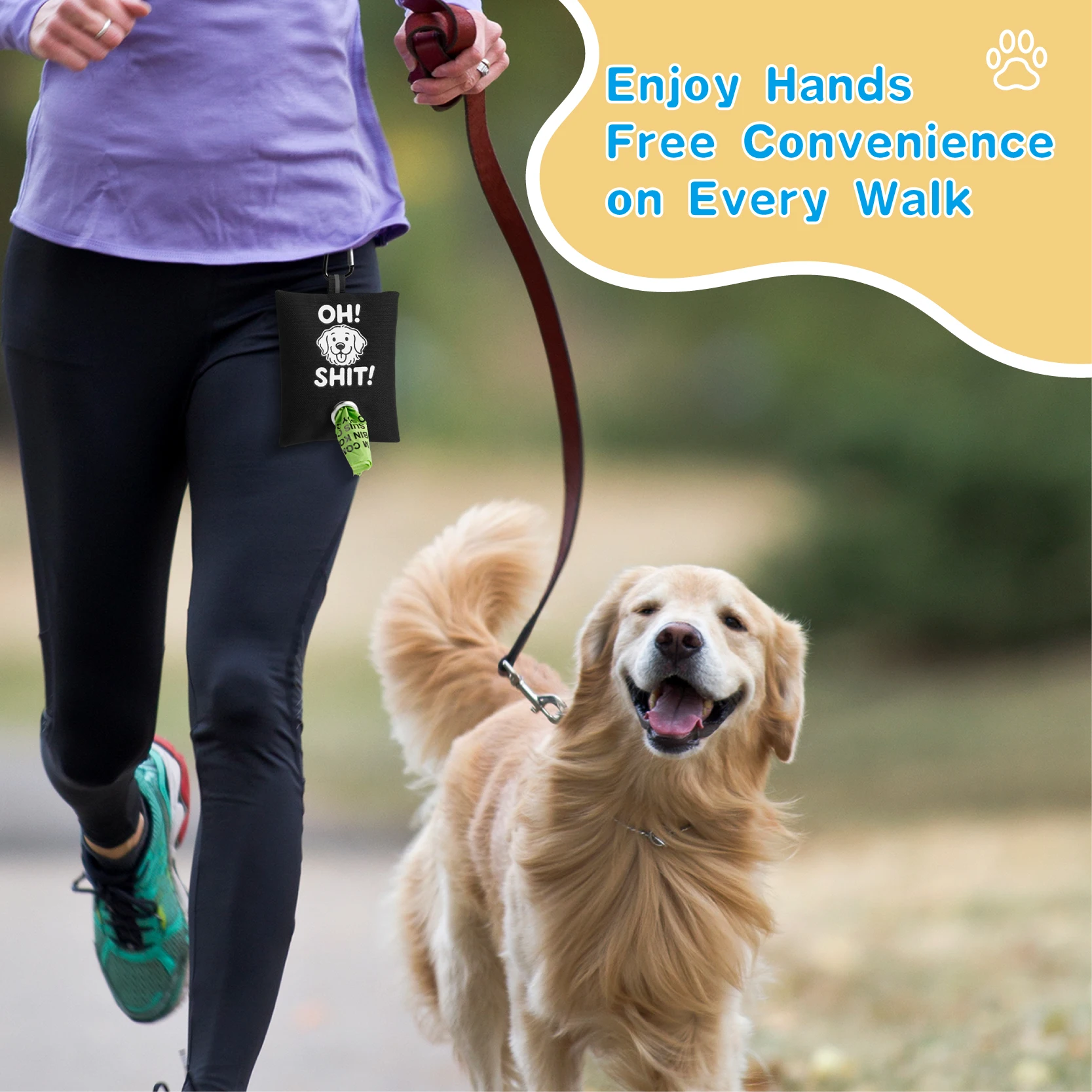 Soporte para bolsa de caca de perro divertido, con 2 bolsas, diseño OH SHIT, correa con Clip de Metal, dispensador de residuos, manos libres, tela Oxford duradera, 1 ud. - imagen 4