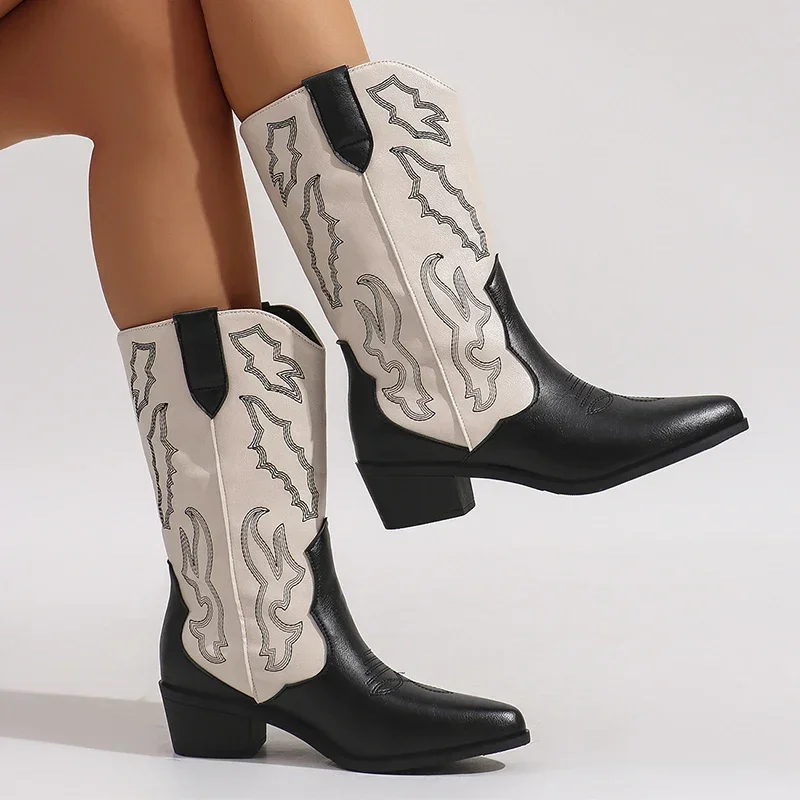 Botas de vaquero del oeste bordadas para mujer, botines largos de caballero de tacón grueso sin cordones a la moda, zapatos femeninos de estilo Retro para Otoño e Invierno - imagen 5