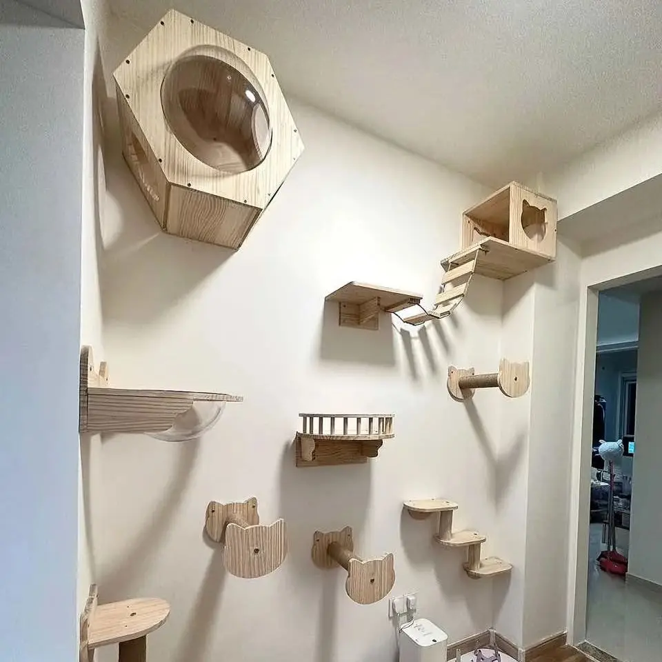 1 pieza de árbol de madera para gatos, muebles para gatos montados en la pared, escalera para gatos, hamaca, plataforma para saltar para gatos - imagen 2