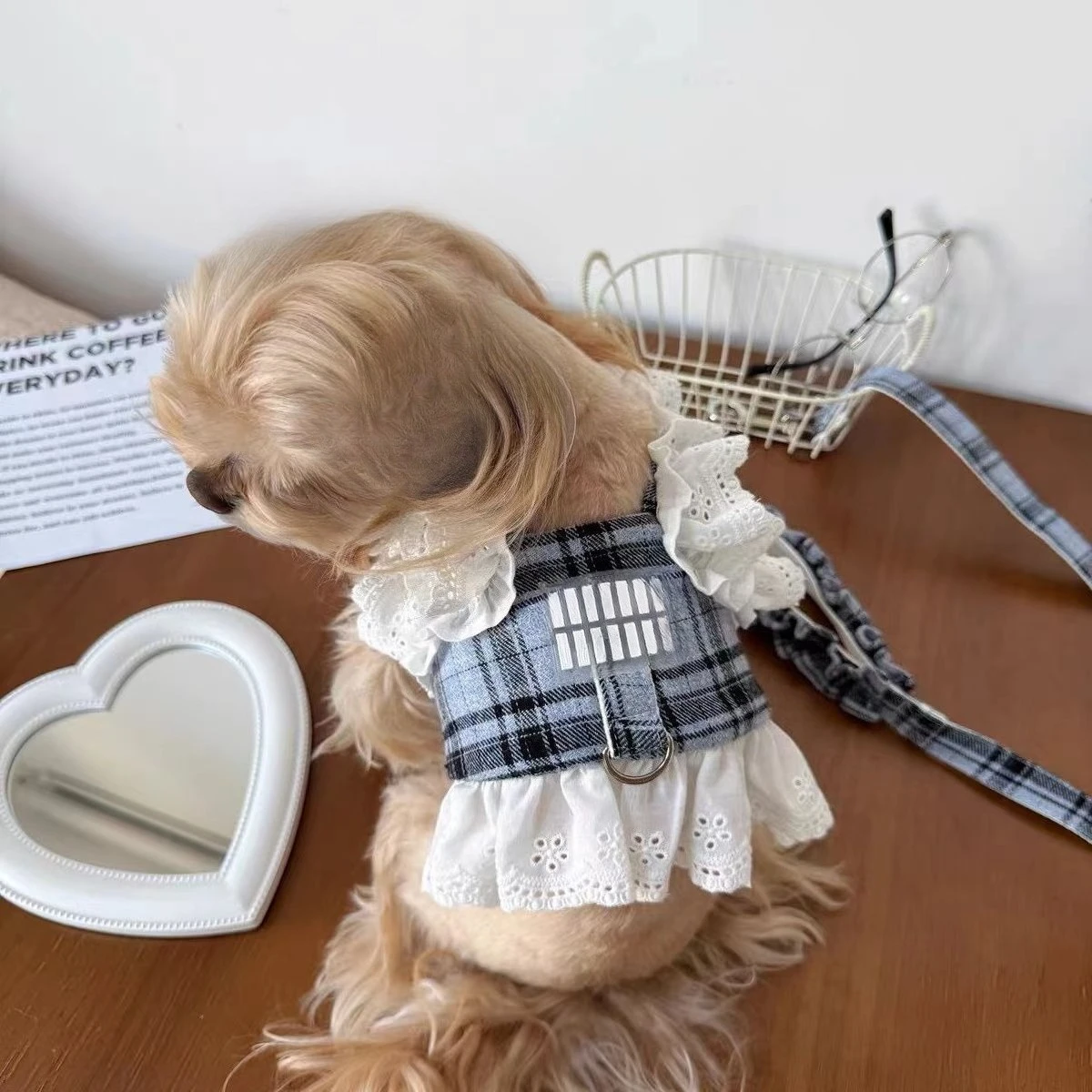 Vestido con tirantes a cuadros de encaje con forma de seta para mascotas, chaleco de tracción para mascotas, vestido con tirantes para perros pequeños, ropa para cachorros