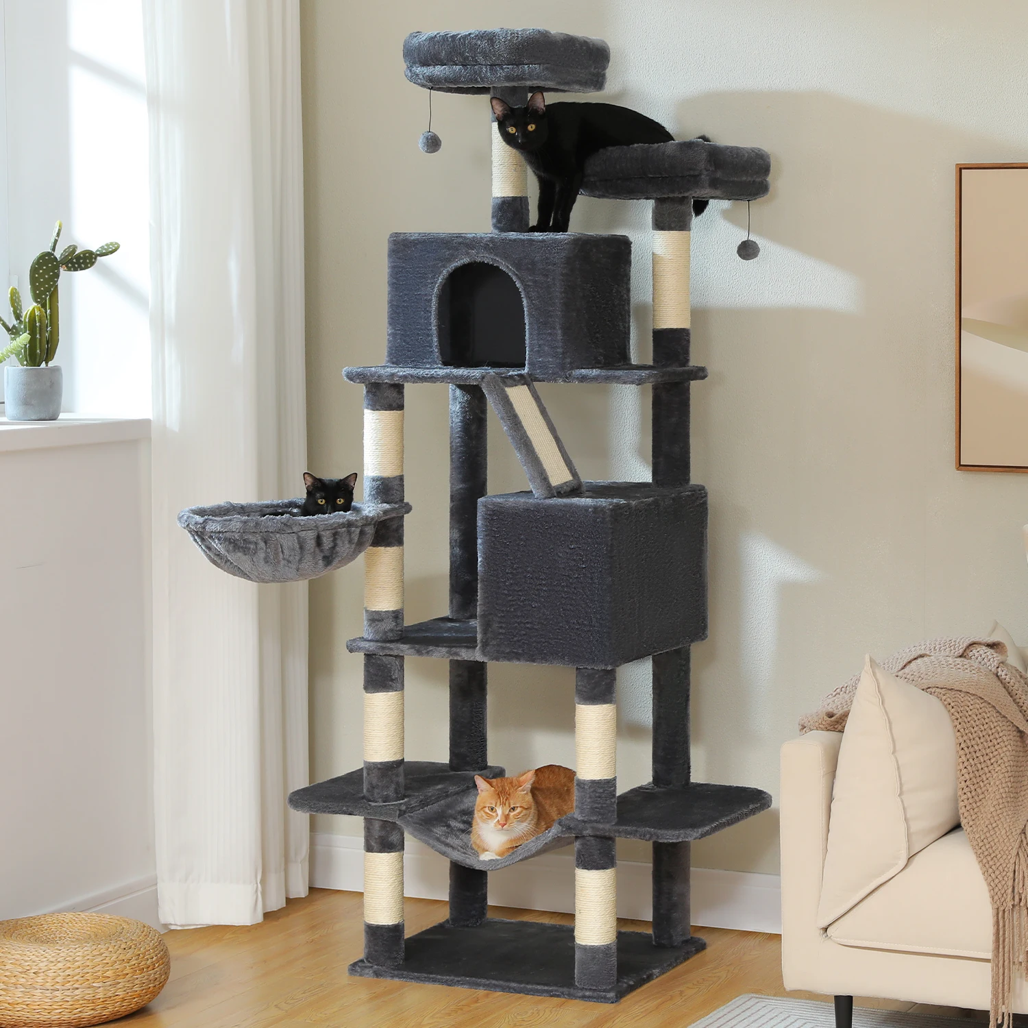 Árbol para gatos estable de 180cm, torre para gatos de varios niveles con 9 áreas para rascar, hamaca de felpa, 2 ocultos espaciosos y acogedores, perca superior, cesta de percha - imagen 2
