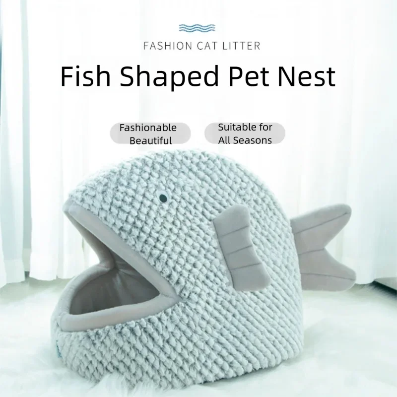 Cama para gatos semicerrada con forma de pez, casa cálida de felpa para mascotas para perros pequeños y gatos, almohadilla para perrera de dibujos animados, estera antideslizante lavable para invierno - imagen 2