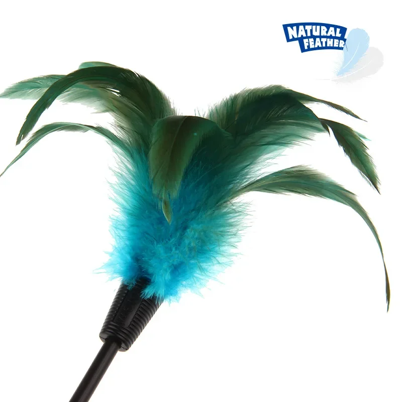 Juguete mágico para gato, pluma de palo Teaser, alta elasticidad, Bola de felpa antideslizante de mano de hilo, pluma azul - imagen 4