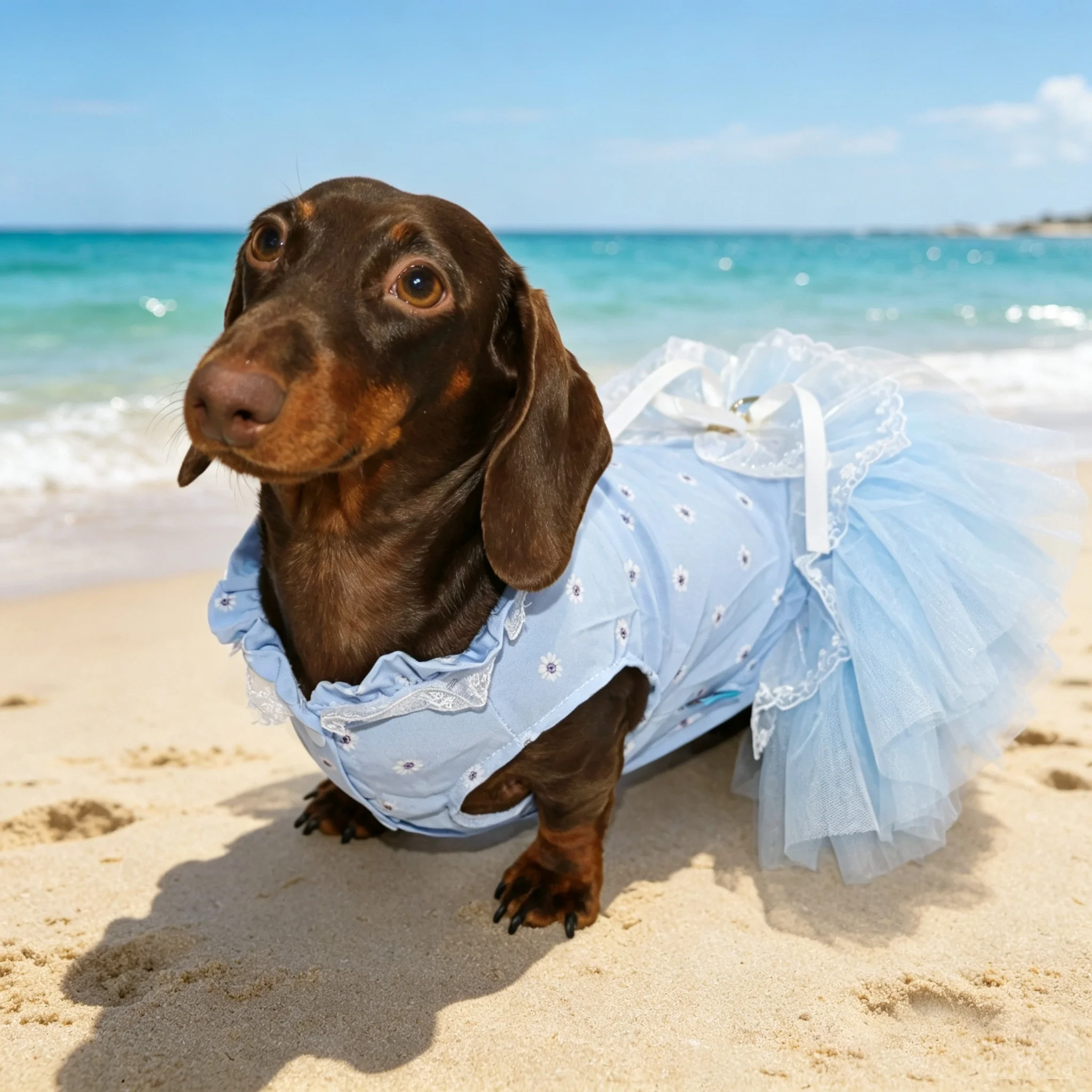 Vestido floral verano para perro salchicha: lazo rosa y azul - imagen 5