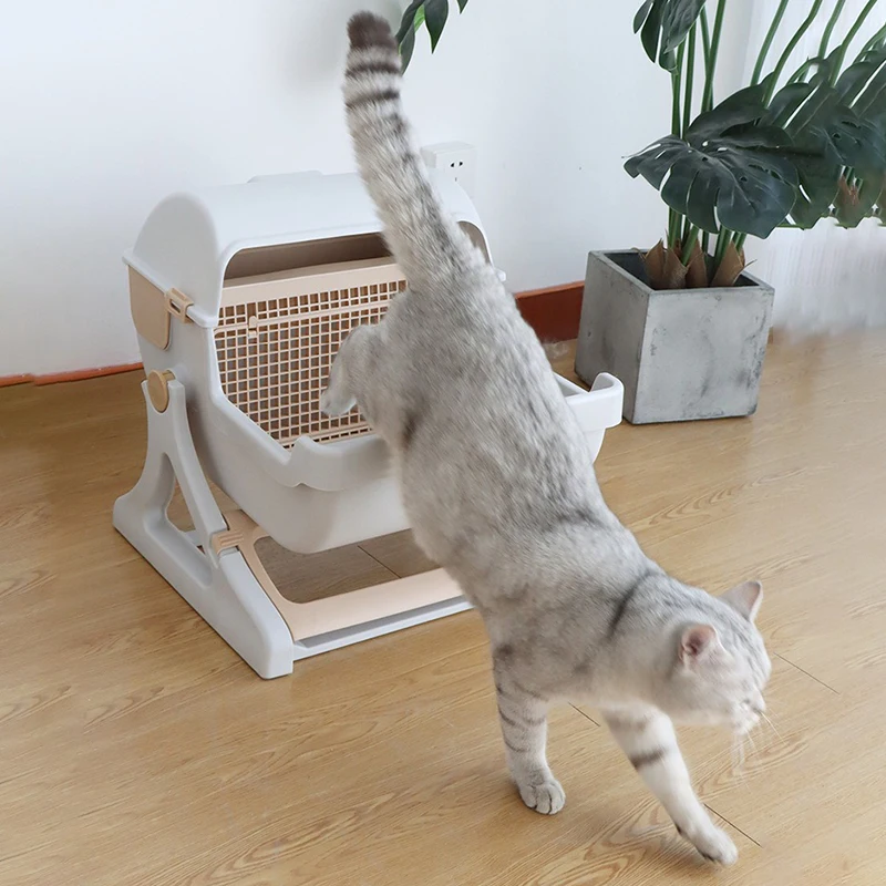 Caja de arena para gatos cerrada semiautomática con cubo basculante, caja de arena para gatos de gran capacidad, inodoro bonito de lujo para mascotas, suministros para mascotas