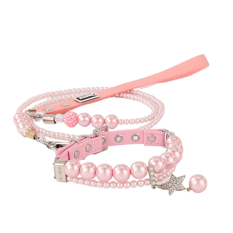 Bonito Collar de cuero Pu para perro y gato con colgante de perlas, Collar duradero de estilo princesa para perros y gatos, accesorios para caminar al aire libre para mascotas - imagen 5