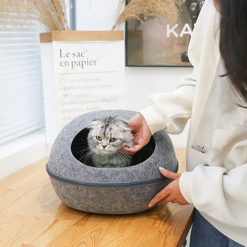 Cama para gatos, casa de fieltro Artificial para gatos, saco de dormir con cojín nido, cáscara de huevo, cueva para mascotas semicerrada transpirable desmontable