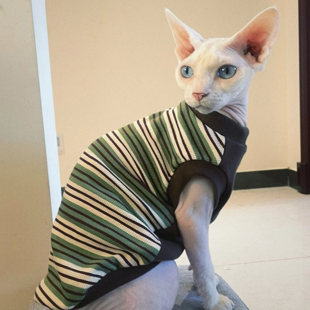 Ropa de gato Sphynx en primavera Camiseta de algodón a rayas verde café para gatitos Abrigo sin mangas para perros pequeños Devon Rex en verano - imagen 2