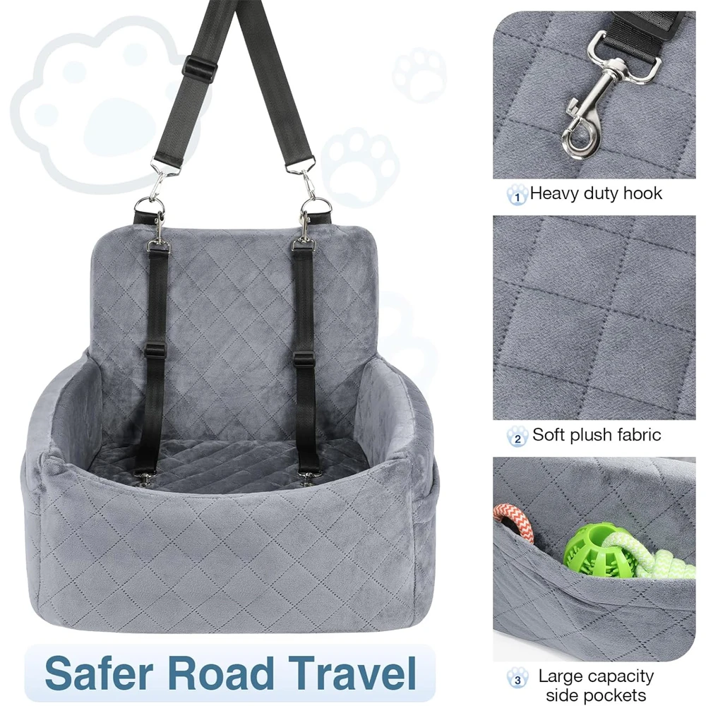 Asiento de coche portátil cálido para perros pequeños y medianos con cojín lavable, cinturón de seguridad para cama, bolsillo de almacenamiento para viajes al aire libre, 1 ud. - imagen 4