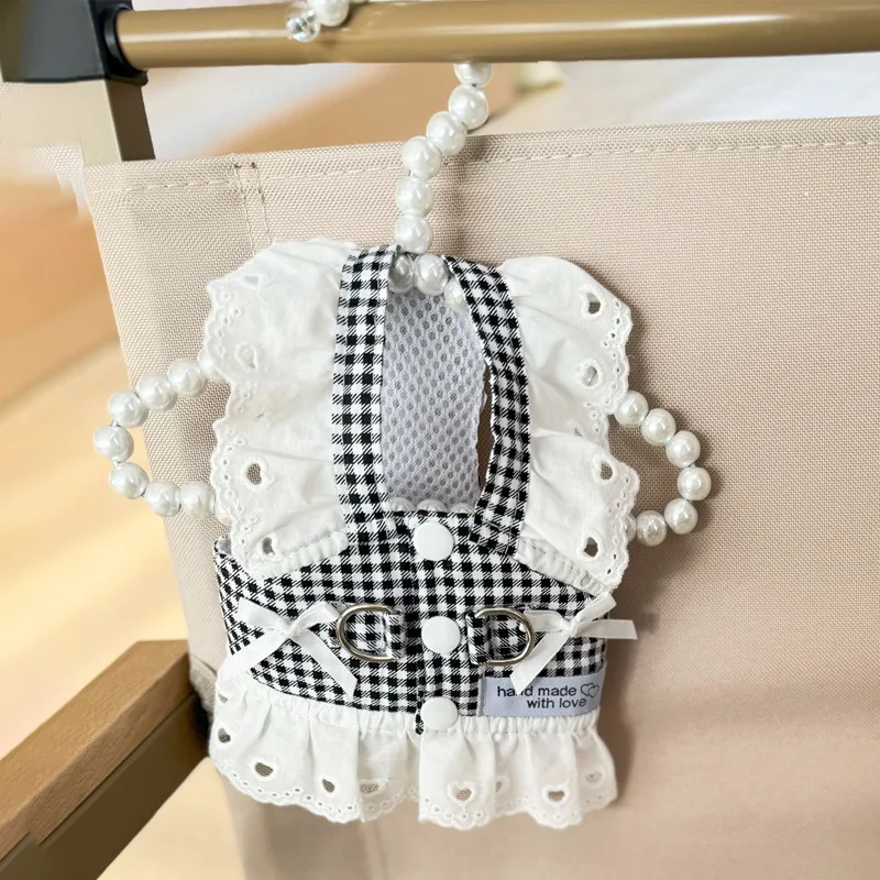 Ropa para perros, falda de encaje, estilo Pastoral, arnés a cuadros negro, vestidos para cachorros, arnés Universal, vestido de princesa Retro extraíble - imagen 3