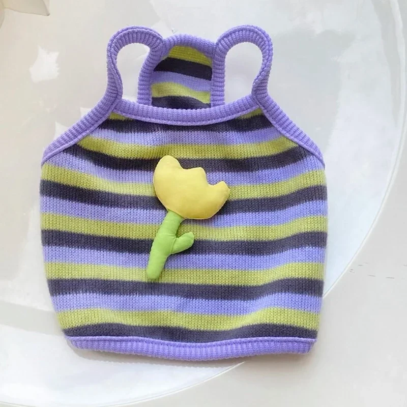 Ropa de verano para perros con tirantes a rayas y flores para mascotas, chaleco de tulipán de peluche, camiseta bonita de Yorkshire, ropa antiderramiento para perros pequeños y medianos - imagen 3