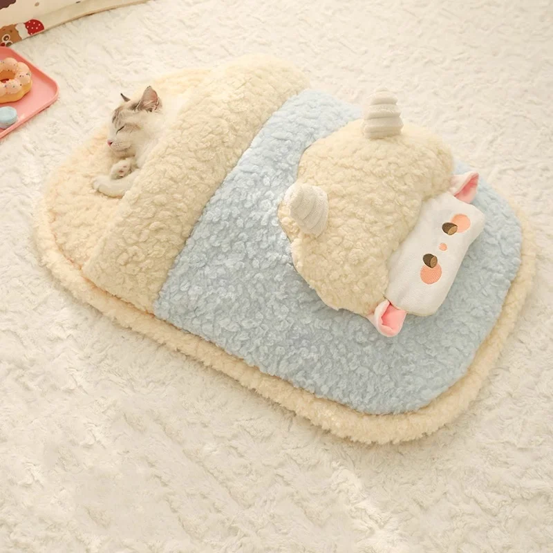 Saco de dormir de lana para gatos, cama cálida de invierno para gatitos, nido de dormir grueso semicerrado para gatos, cama para gatos, saco de dormir cueva - imagen 3
