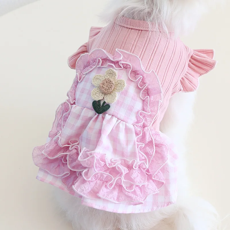 2025 Primavera/Novedad de verano vestido a cuadros con volantes ropa de princesa bordada para perros pequeños Chihuahuas, traje de Bichons - imagen 3
