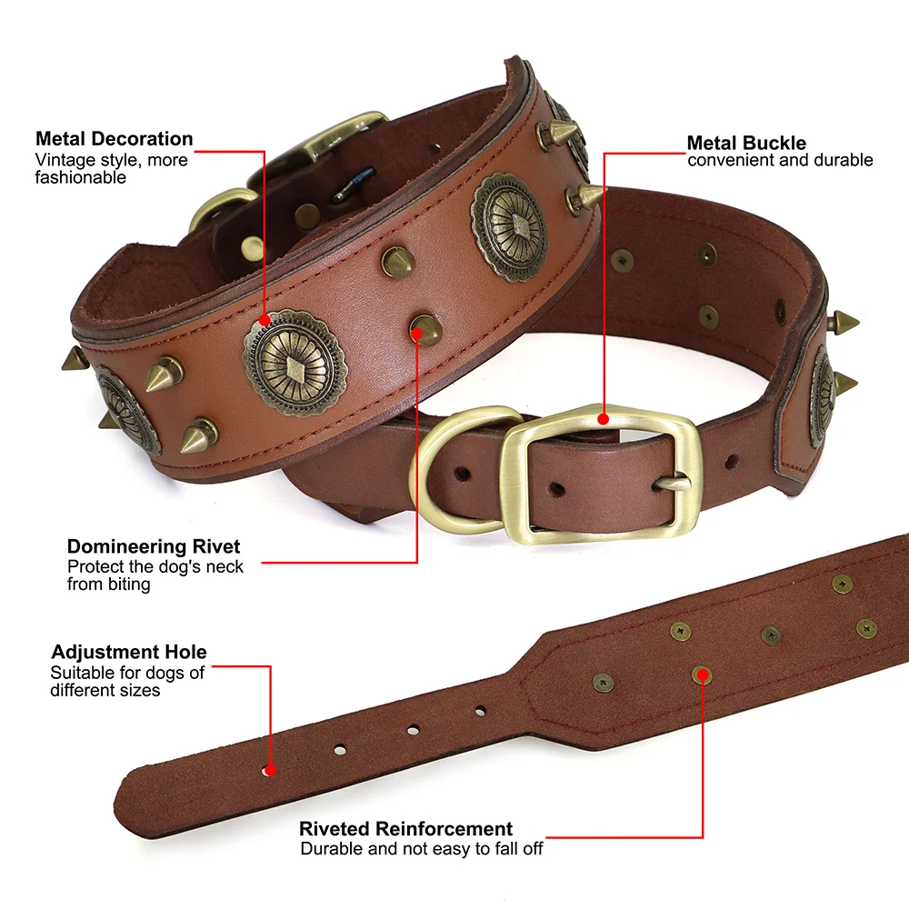 Geniue collar cuero tachuelas perro correa ajustable perros grandes medianos grandes pitbull - Ángulo perfecto mostrando el sistema de tachuelas