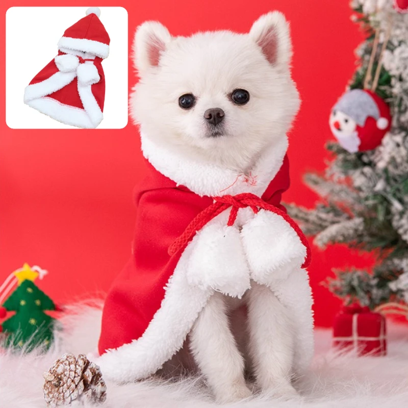 Disfraz navideño de Papá Noel para perros y gatos: sudadera con capucha de alce de felpa suave con capa roja, capa festiva cálida para fiesta de Navidad de mascotas - imagen 2