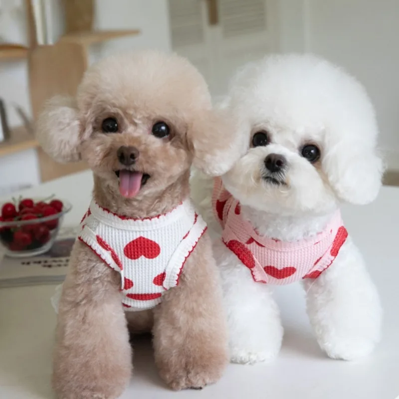 Moda invierno amor Waffle camiseta sin mangas falda vestido para perros ropa para perros en casa Teddy Bichons ropa para cachorros lindos vestidos para perros pequeños - imagen 2