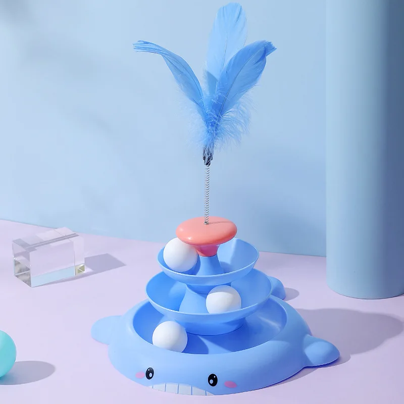 Juguete para gatos de 4 niveles, Torre giratoria, bolas de rodillo, juguetes autointeractivos para gatitos, diseño de ballena con plumas, palo divertido para gatos - imagen 5