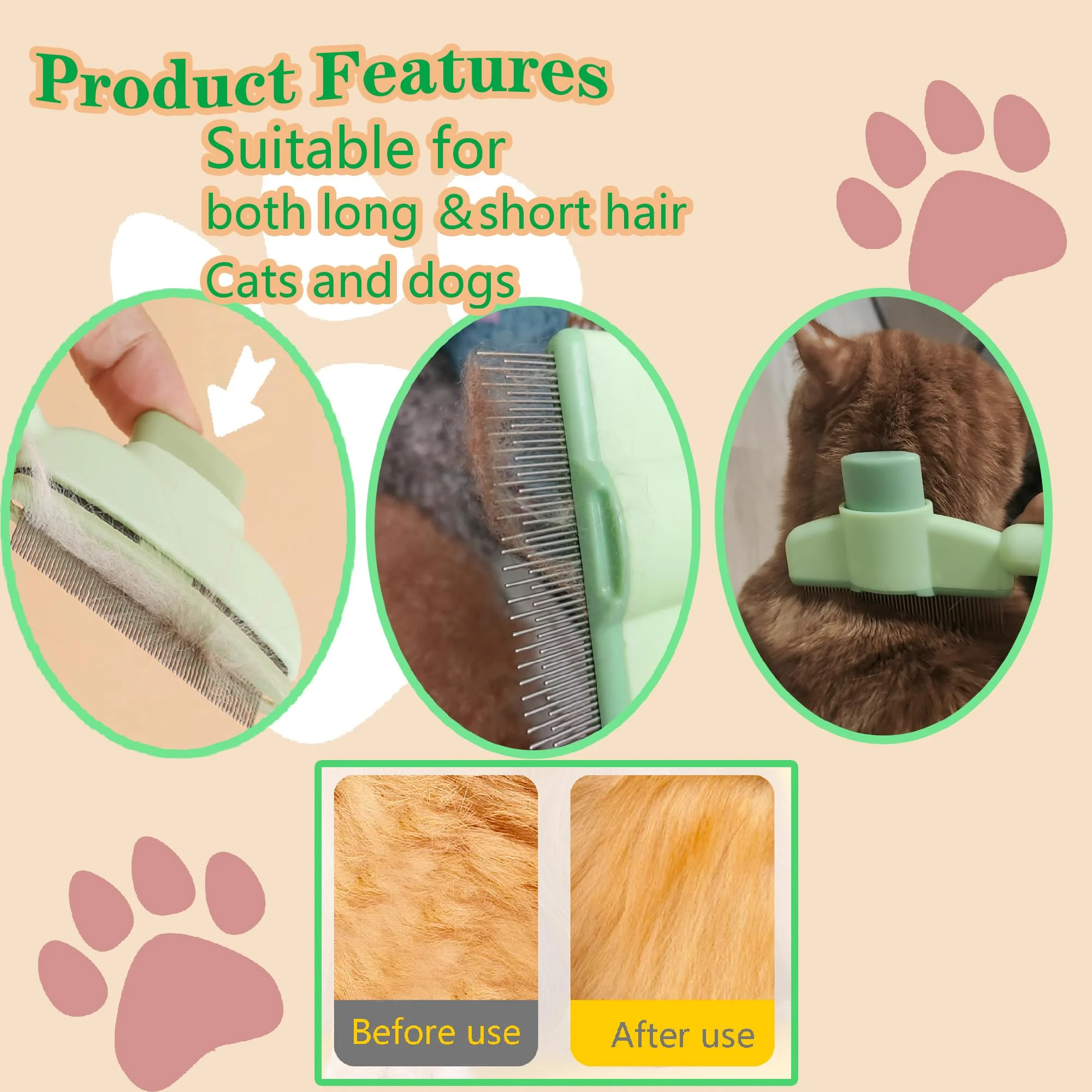 Peine removedor de pelo para mascotas, cepillo de pelo autolimpiante, peine para gatos, cepillo rebanador de acero inoxidable para perros y gatos, elimina pelos de perros, peine para mascotas - imagen 4