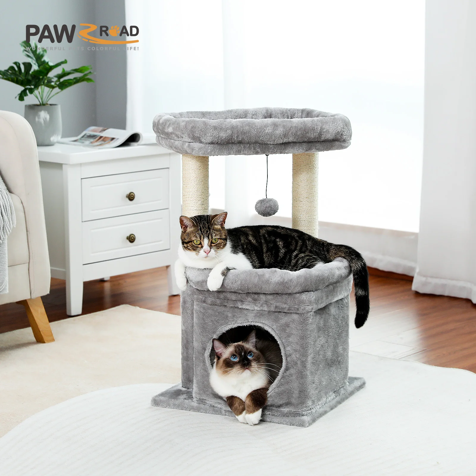 Torre para gatos con condo acogedor, perca superior ancha, postes de sisal natural, felpa suave, pompón juguetón adecuado para 1-2 gatos de interior