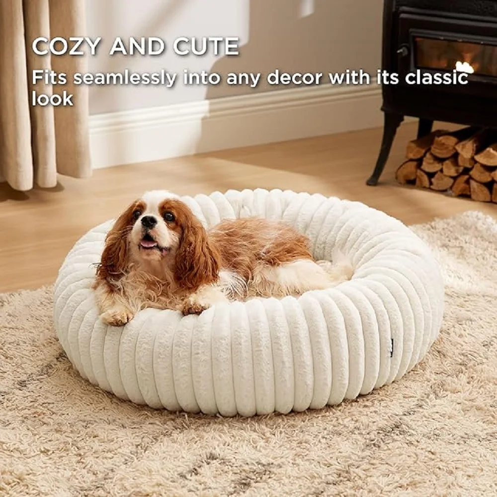 Cama redonda para mascotas de 50-90cm, piel de conejo de imitación para cama para perros, cama súper suave para gatos, casa larga de felpa para perros con fondo antideslizante para perros y gatos - imagen 5