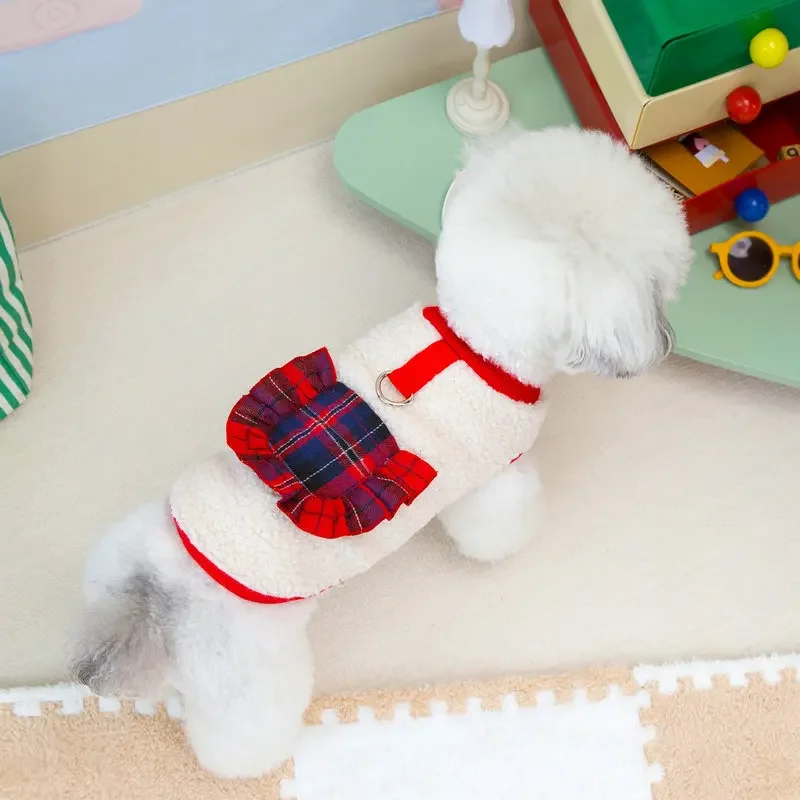 Abrigo de terciopelo a cuadros para otoño/invierno para mascotas, abrigo de Navidad, bonito bolsillo de encaje a cuadros, oso de peluche, perro pequeño, abrigo de terciopelo de cordero - imagen 3