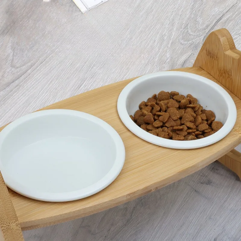 Cuenco de cerámica para comida para gatos, alimentador elevado de bambú para mascotas, vajilla, dispensador de agua para perros, contenedor para beber para cachorros y gatitos de altura ajustable - imagen 4