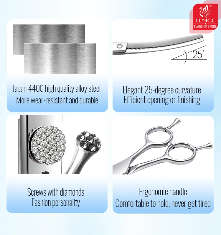 Tijeras de aseo Fenice, tornillo de diamante de 7/7,5/8 pulgadas, tijeras profesionales curvadas, tijeras más delgadas para herramientas de esteticista para mascotas - imagen 2