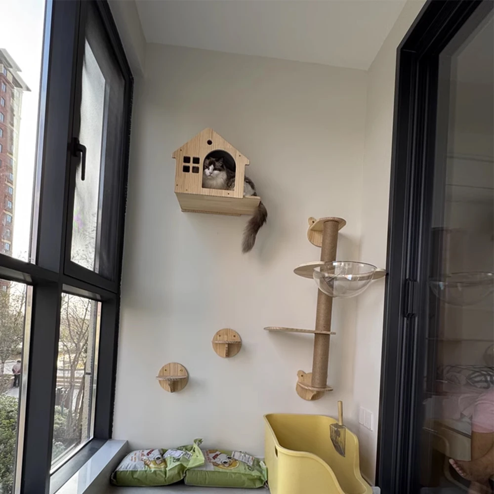 Árbol para gatos, marco de escalada para gatos, poste rascador para gatos montado en la pared de madera maciza, hamaca, escalera de Sisal, paraíso de pared para gatos - imagen 4