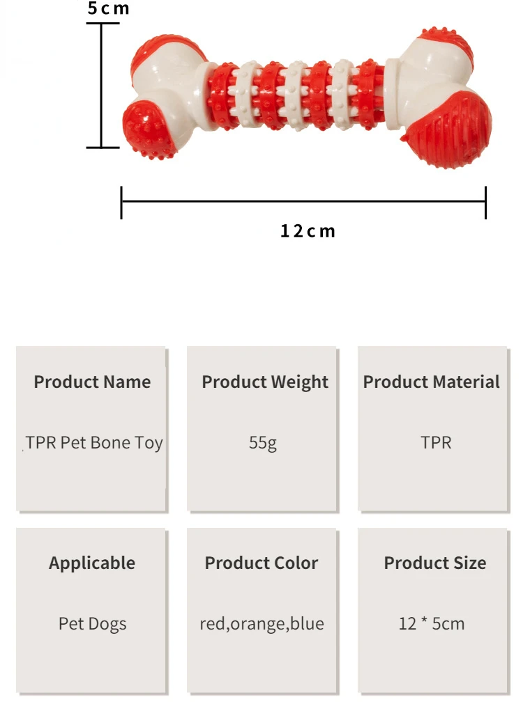 Un hueso de perro de juguete con un esquema de color rojo y azul