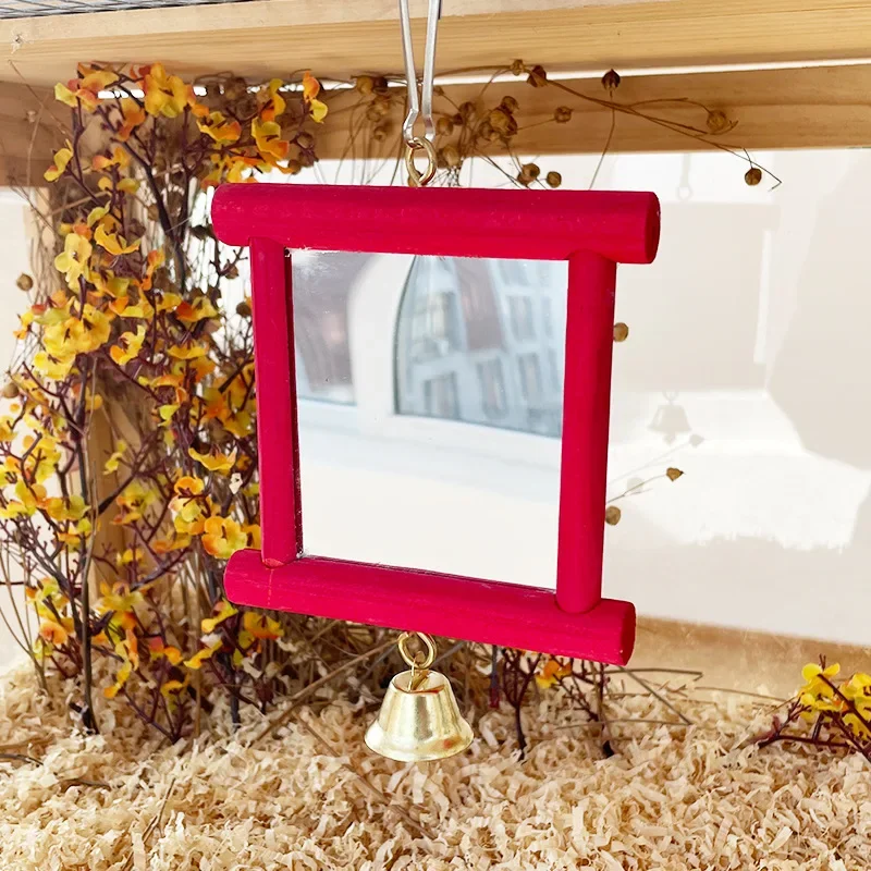 1 Uds. Espejo de madera maciza para mascotas, espejo para loros y pájaros, divertido juguete de pino de pie, accesorios para pájaros con campanas, juguetes de madera, accesorios para pájaros - imagen 3