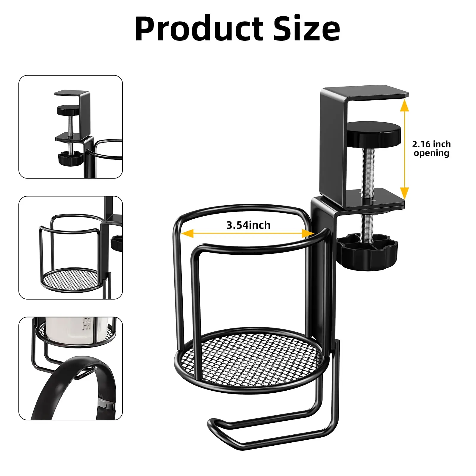 Soporte para auriculares 2 en 1, sin taladro, soporte para taza de escritorio, abrazadera de brazo mejorada ajustable, soporte para tazas de café, botellas de agua - imagen 3