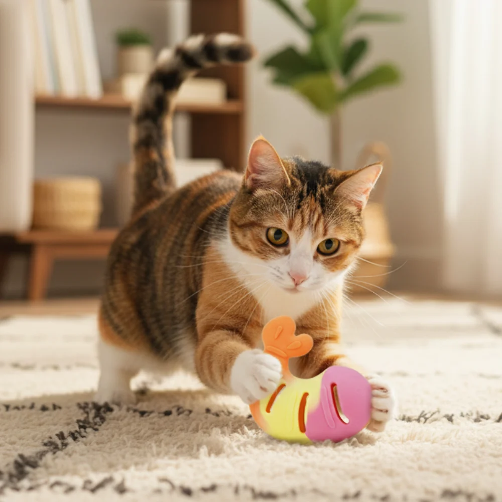 Dispensador masticable de silicona con premio de camarón para gatos - imagen 2