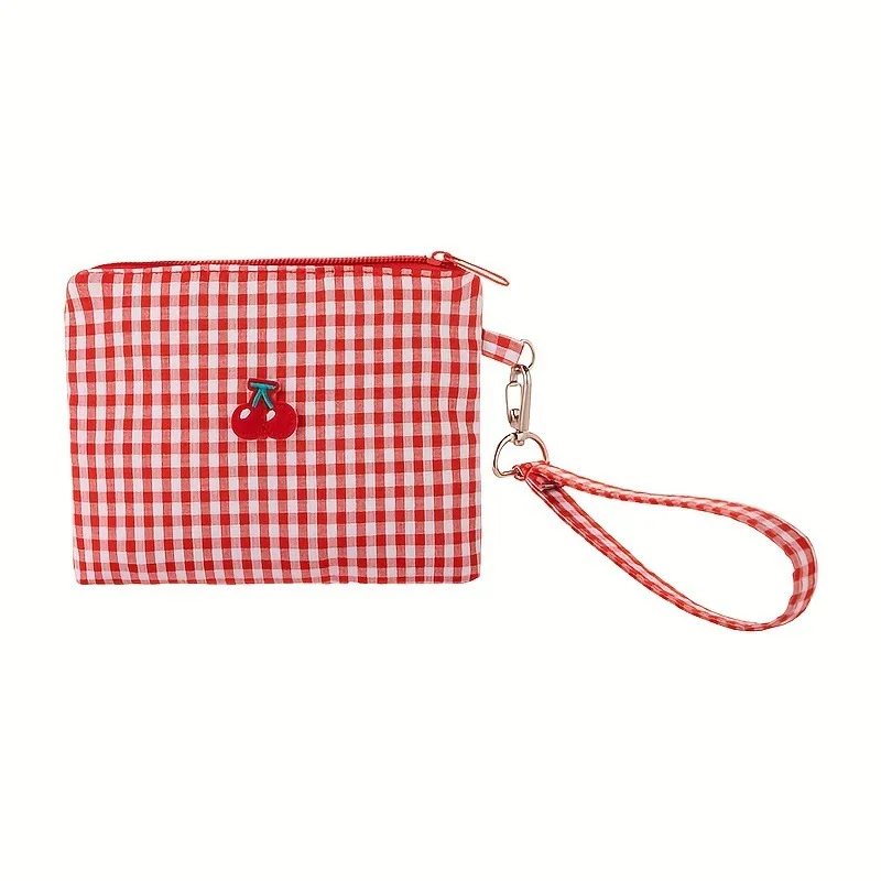 Bolsa de maquillaje de lona con estampado de cereza, bonito organizador de lápiz labial con cierre de cremallera, bolsa cosmética portátil ligera para mujeres y niñas