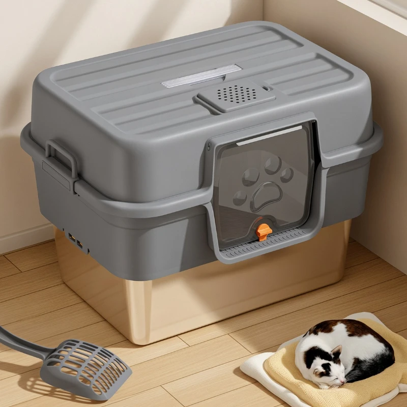 Caja de arena para gatos de acero inoxidable, inodoro grande totalmente cerrado para gatos, bandeja de arena para gatos y mascotas, suministros para mascotas y gatitos autolimpiantes - imagen 2