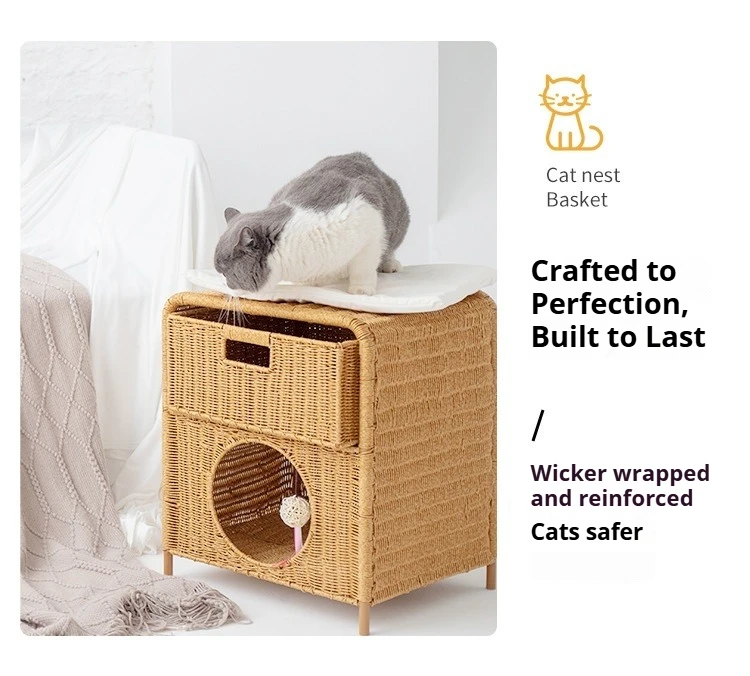 Cama ratán interior 2 en 1 para gatos – tejido a mano y mesa auxiliar - imagen 5