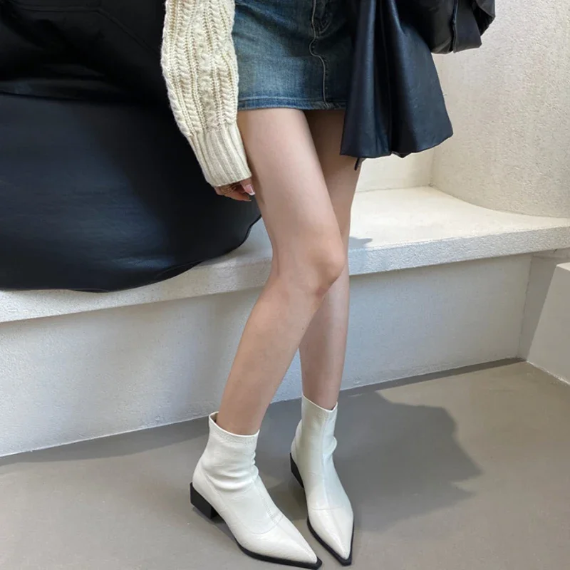 Pointed Toe Women Ankle Boots Fashion Thick Heel Slimming Short Booties Autumn Winter Soft Leather Female Shoes - imagen 4