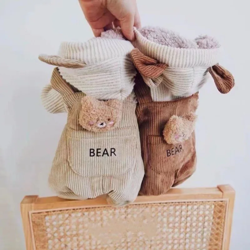 Mono de otoño e invierno para mascotas, Teddy para perros pequeños, chaqueta con tirantes de oso de peluche de pana para otoño e invierno, ropa para cachorros, pantalones de terciopelo