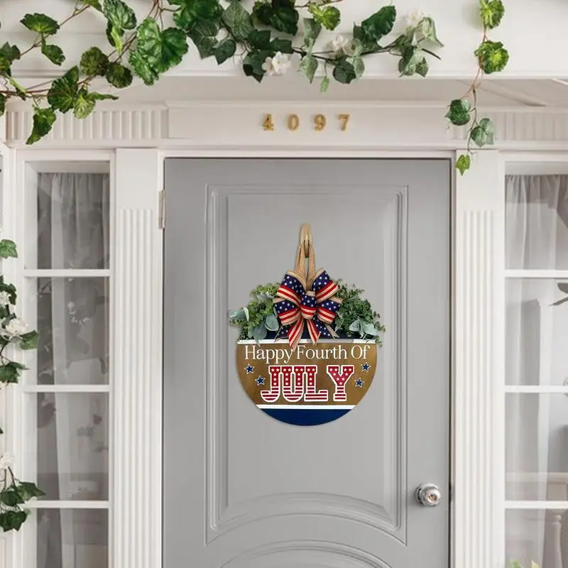 Colgador de puerta patriótico, señal de bienvenida para el día de la independencia, corona Artificial con lazo, rojo, blanco y azul - imagen 5
