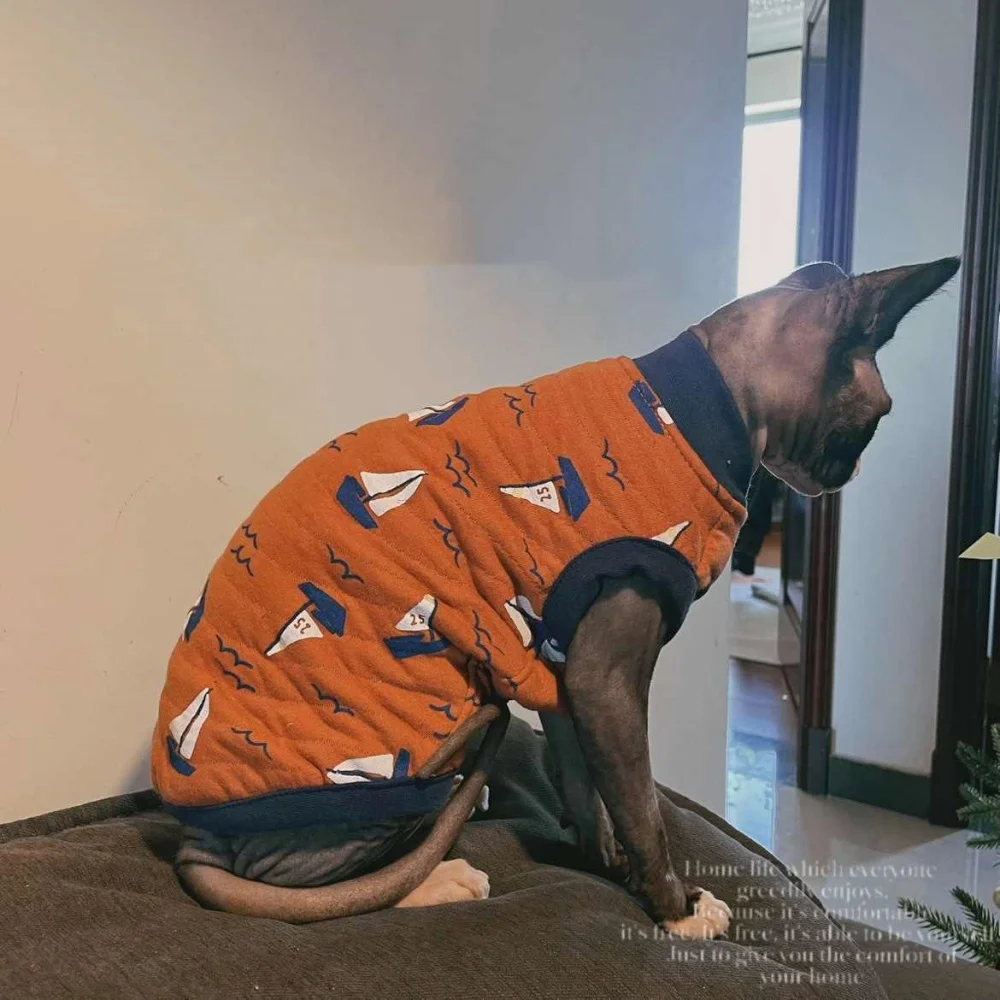 Chaqueta de invierno acolchada de algodón suave naranja para gato sin pelo Cálido cárdigan chaleco abotonado para Devon Rex Sphynx Cat Fashion Sudadera - imagen 3