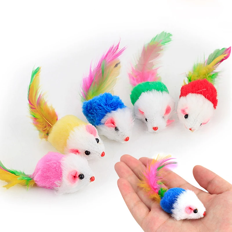 5/10 Uds. De juguetes de peluche para gato y ratón, piel de conejo, ratón falso, pluma, sonajero de arcoíris, juguete interactivo para gato, juguetes para gatito - imagen 5