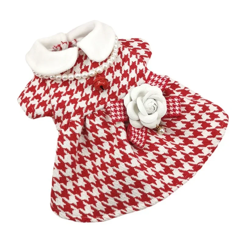 Otoño Invierno Navidad vestido para perros lindo flor ropa para perros vestido rojo a cuadros gato ropa para mascotas abrigo vestidos para perros pequeños - imagen 5