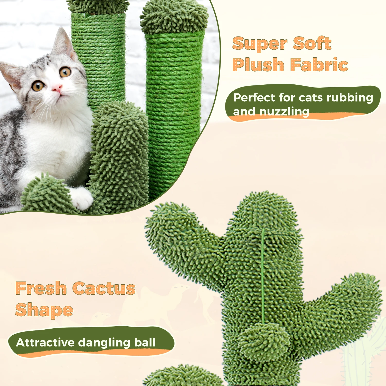Poste à gratter pour chat Cactus, arbre à chat Cactus, grattoir pour chat vert avec corde en Sisal naturel, boule pendante interactive, meubles pour chat - imagen 4