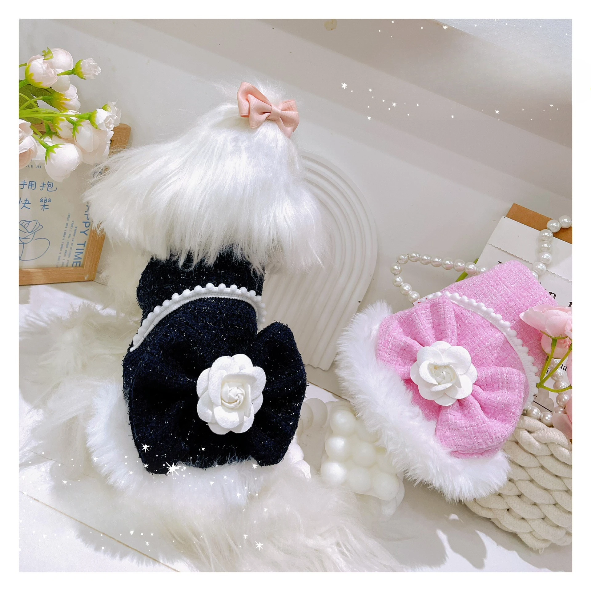 Vestido de otoño/invierno con lazo y flores para mascotas, Teddy Schnauzer, vestido de princesa de terciopelo para perros pequeños y gatos, abrigo, ropa para perros pequeños y cachorros - imagen 2
