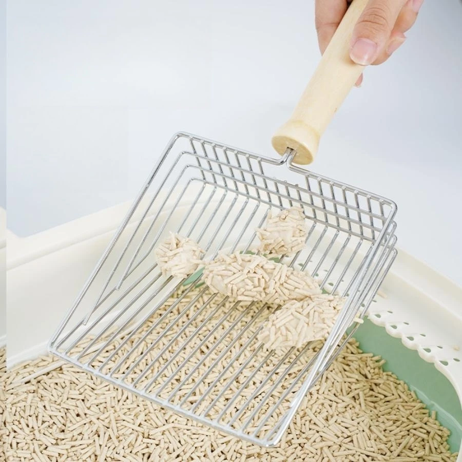 Pala para excrementos de gato, mango de madera de acero inoxidable de calidad, no fácil de oxidar, duradera y lavable