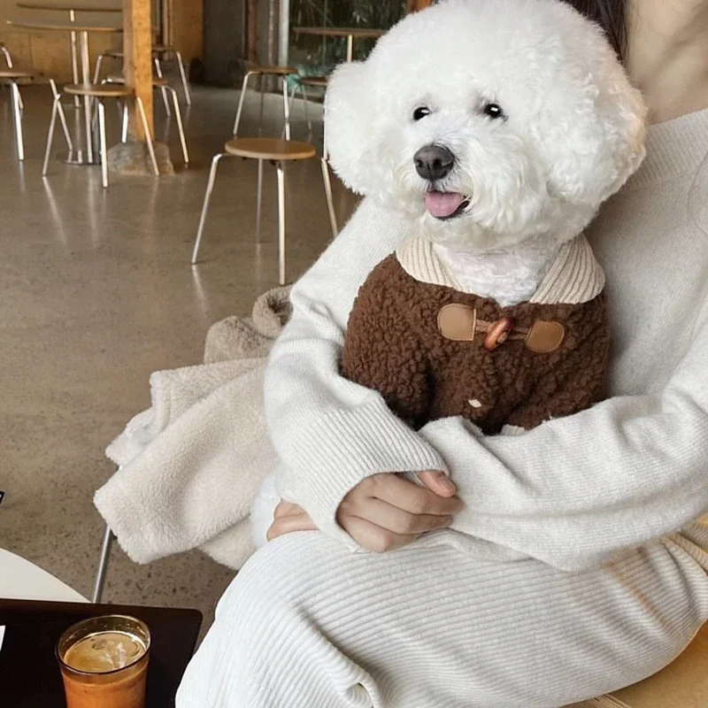 Ropa gruesa de invierno para perros, chaquetas de peluche, chalecos cálidos con capucha, chalecos de Bichon, camisa con botones abiertos, abrigo informal de algodón para cachorros y perros pequeños - imagen 2