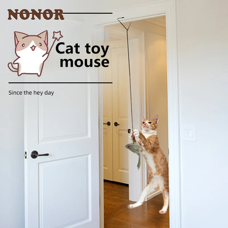 NONOR-ratón de simulación para gato, juguete interactivo divertido para colgar en la puerta, palo retráctil para gato, cuerda para rascar, suministros para gato