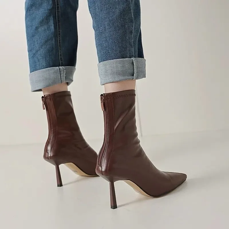 2024 nuevo Otoño Invierno puntiagudos botines de mujer zapatos de moda con cremallera tacón alto fino botines cortos Morder para mujer - imagen 5