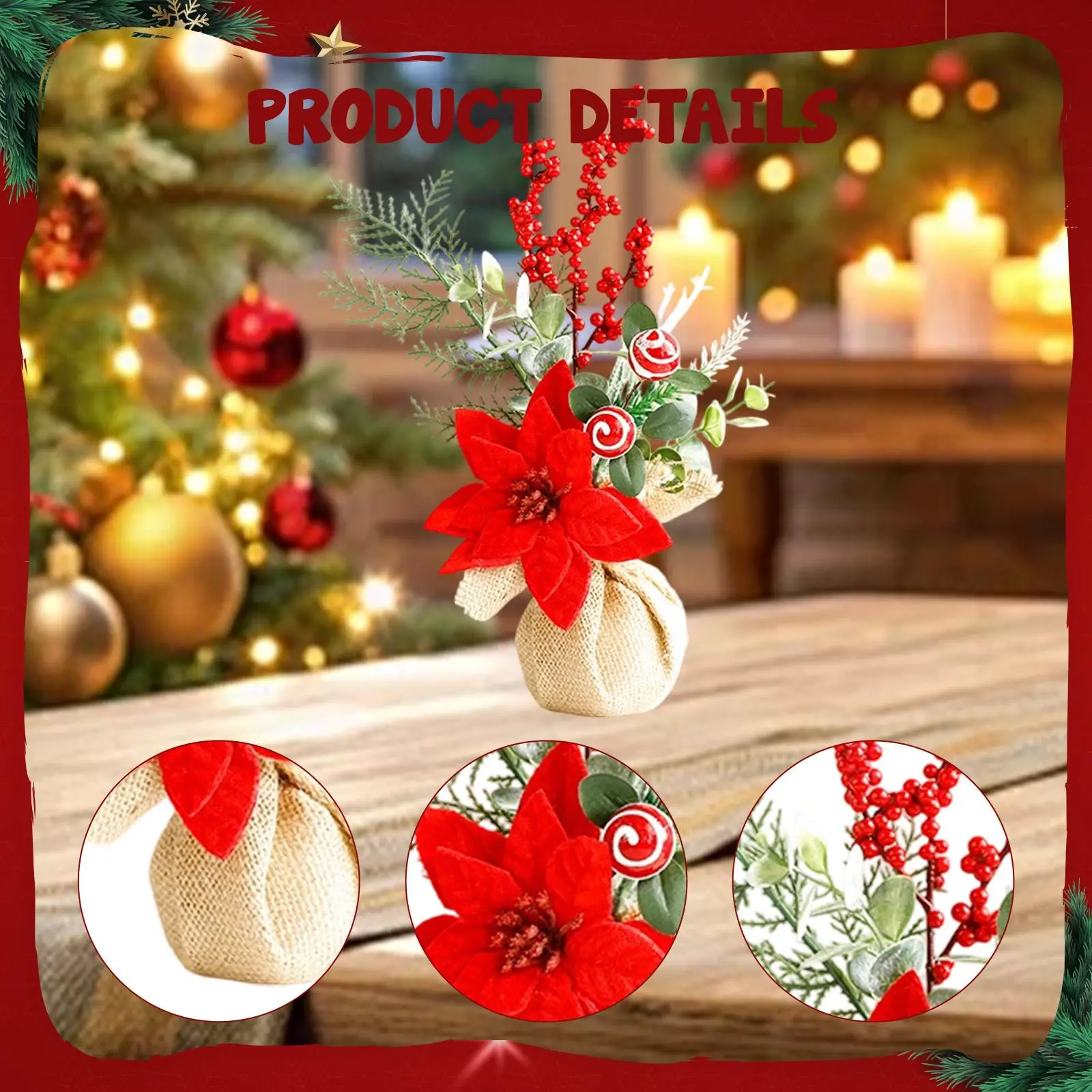 Mini Christmas Tree with Red Berries Table Decoration Burlap Base Tabletop Artificial Christmas Tree for Table Holiday Office