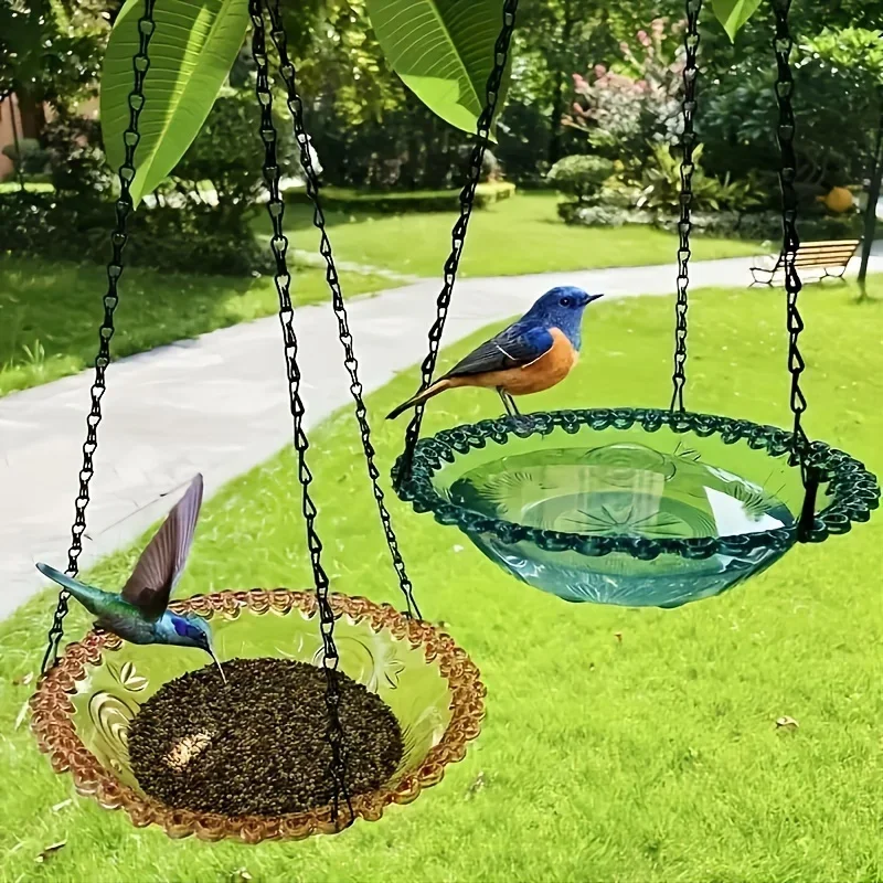Juego de comedero para baño de pájaros colgante con cadena, decoración para Patio y jardín al aire libre, diseño Floral PP, plato de agua para pájaros, herramienta para comedero de pájaros - imagen 3